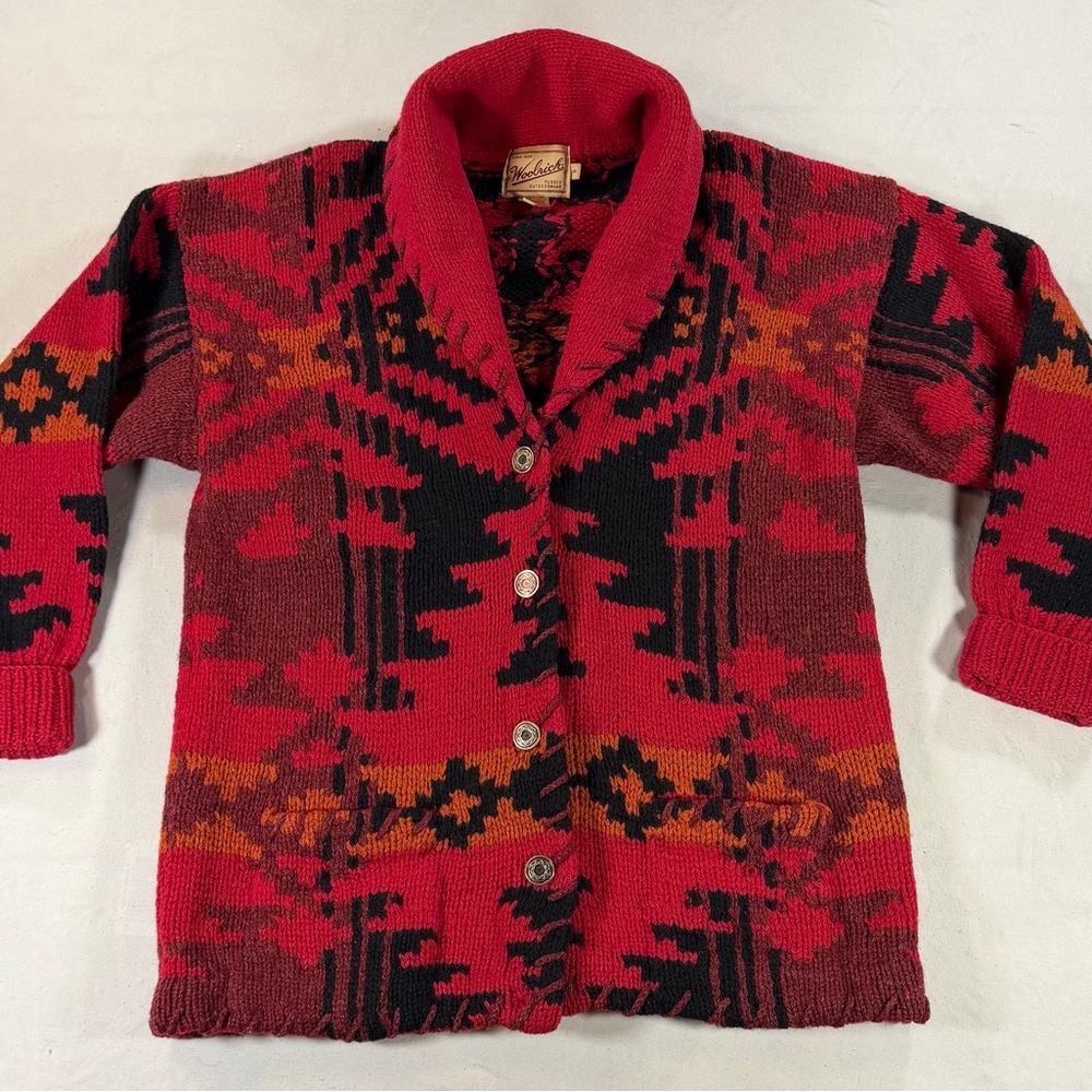 Woolrich wool Hand knit  Cardigan Aztec Native  Shawl Collar Size S Women’s